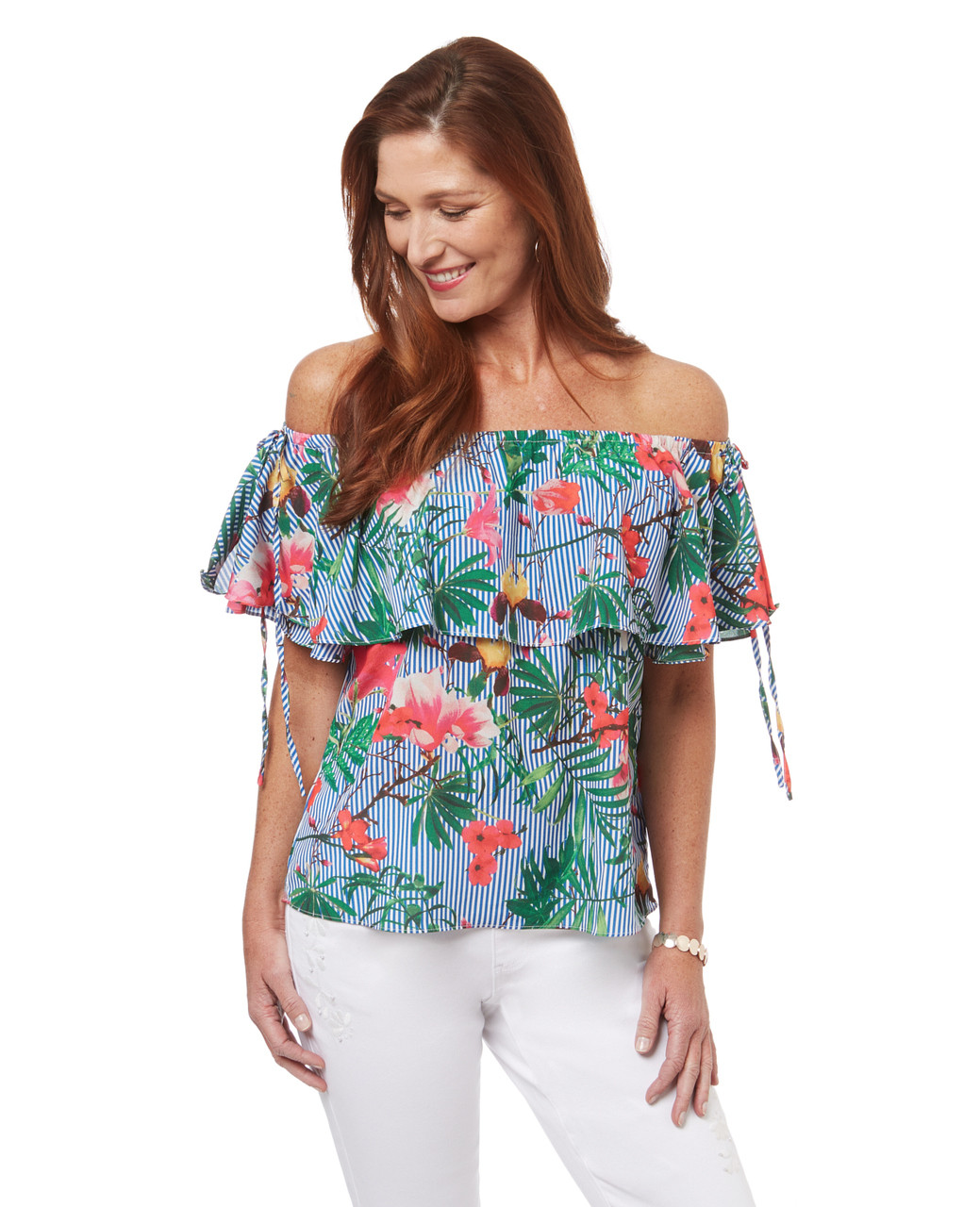 Women's off the shoulder ruffle top in a tropical print