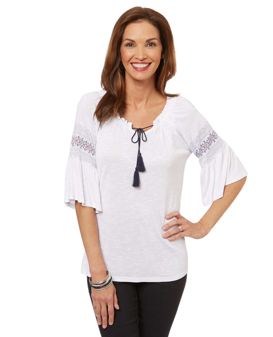 Women's white peasant top with bell sleeves.