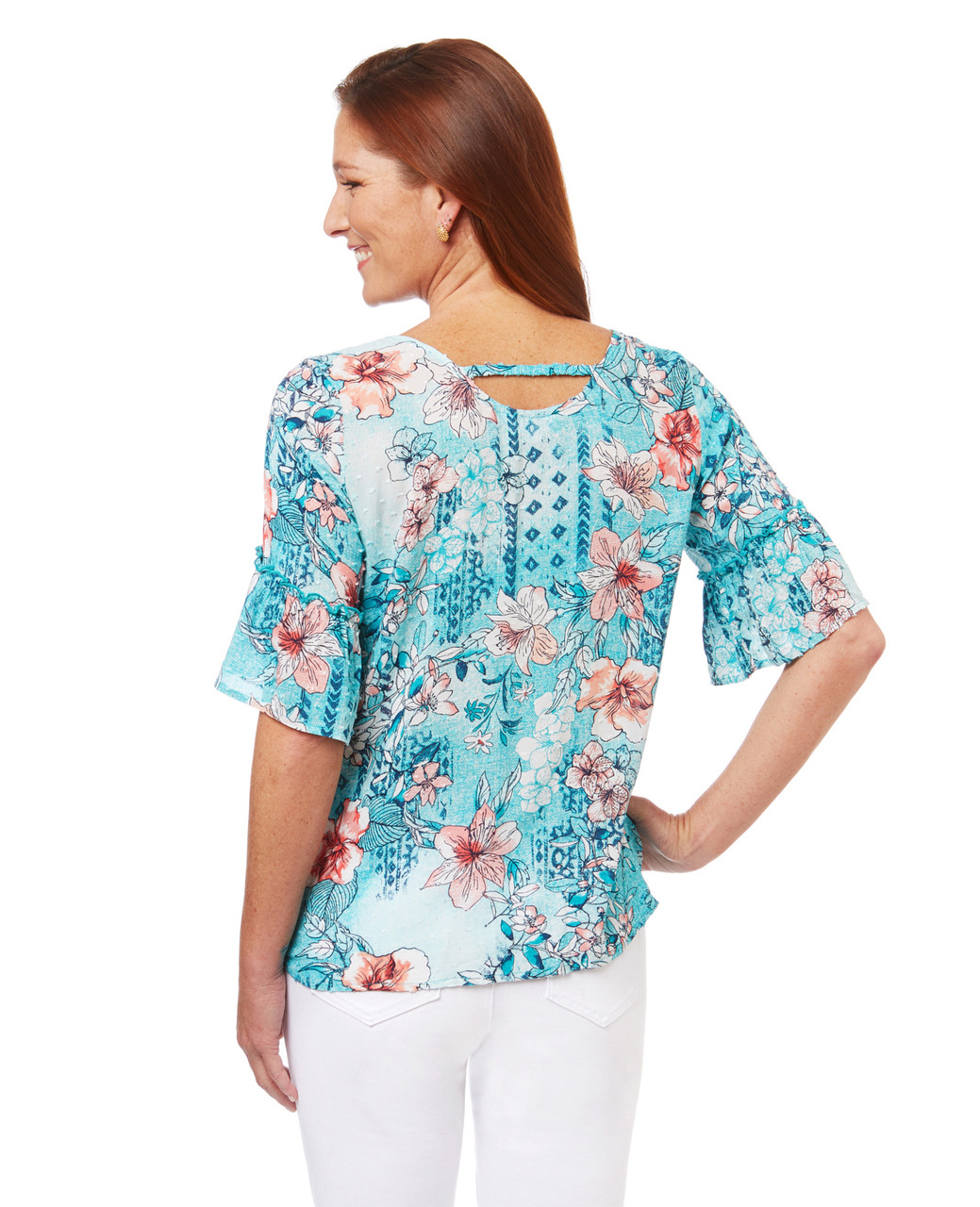 Women's swiss dot top in Hawaiian floral print with ruffle bell sleeves