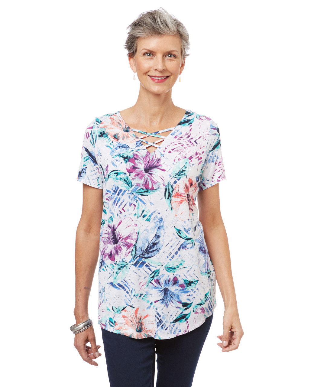 Women's multicolour blouse with hibiscus print and a criss cross feature at the neckline