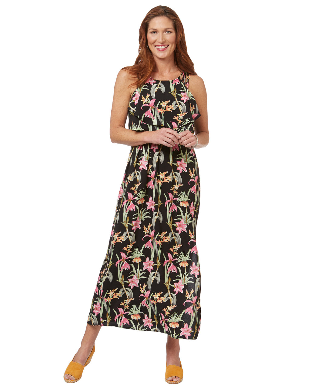 Women's black floral tropical print maxi dress