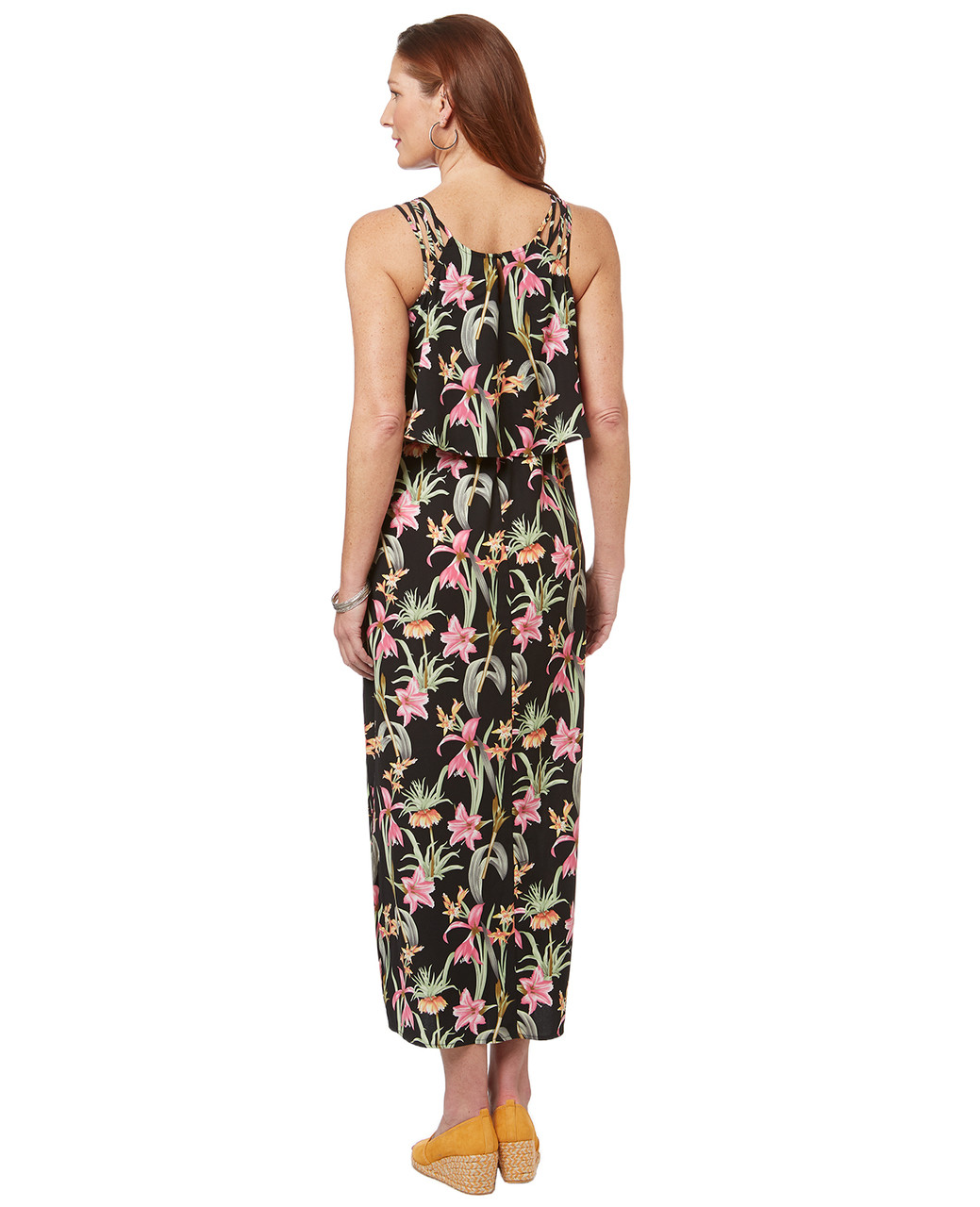 Women's black floral tropical print maxi dress