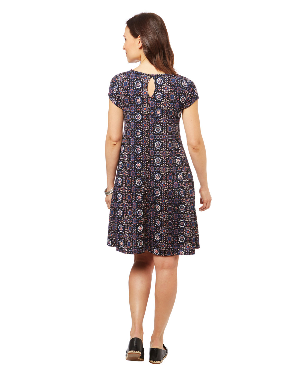 Women's short sleeve boho swing dress in a black geometric print.