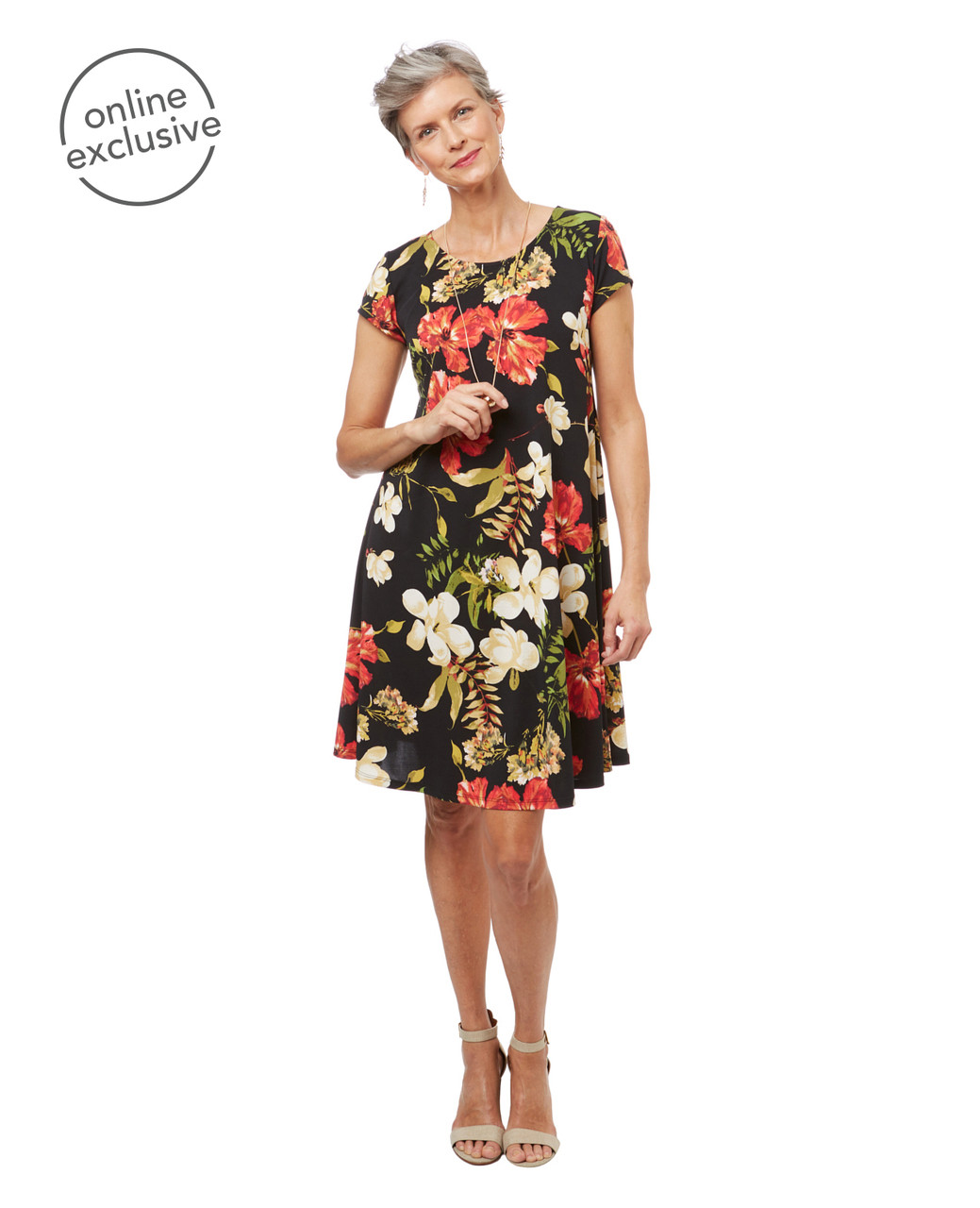 Women's short sleeve Hawaiian print swing dress.