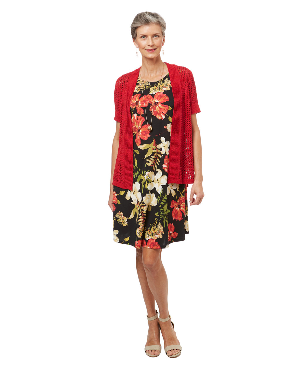 Women's short sleeve Hawaiian print swing dress.