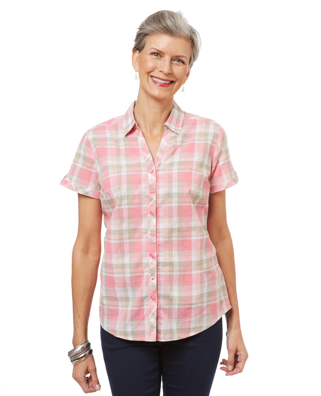 Women's button up plaid shirt with short sleeves