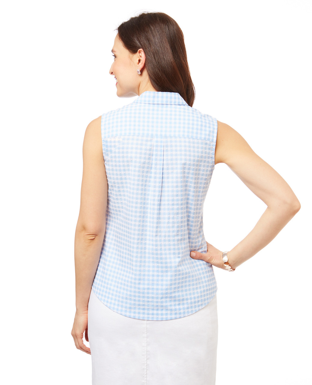 Women's blue sleeveless swiss dot gingham shirt