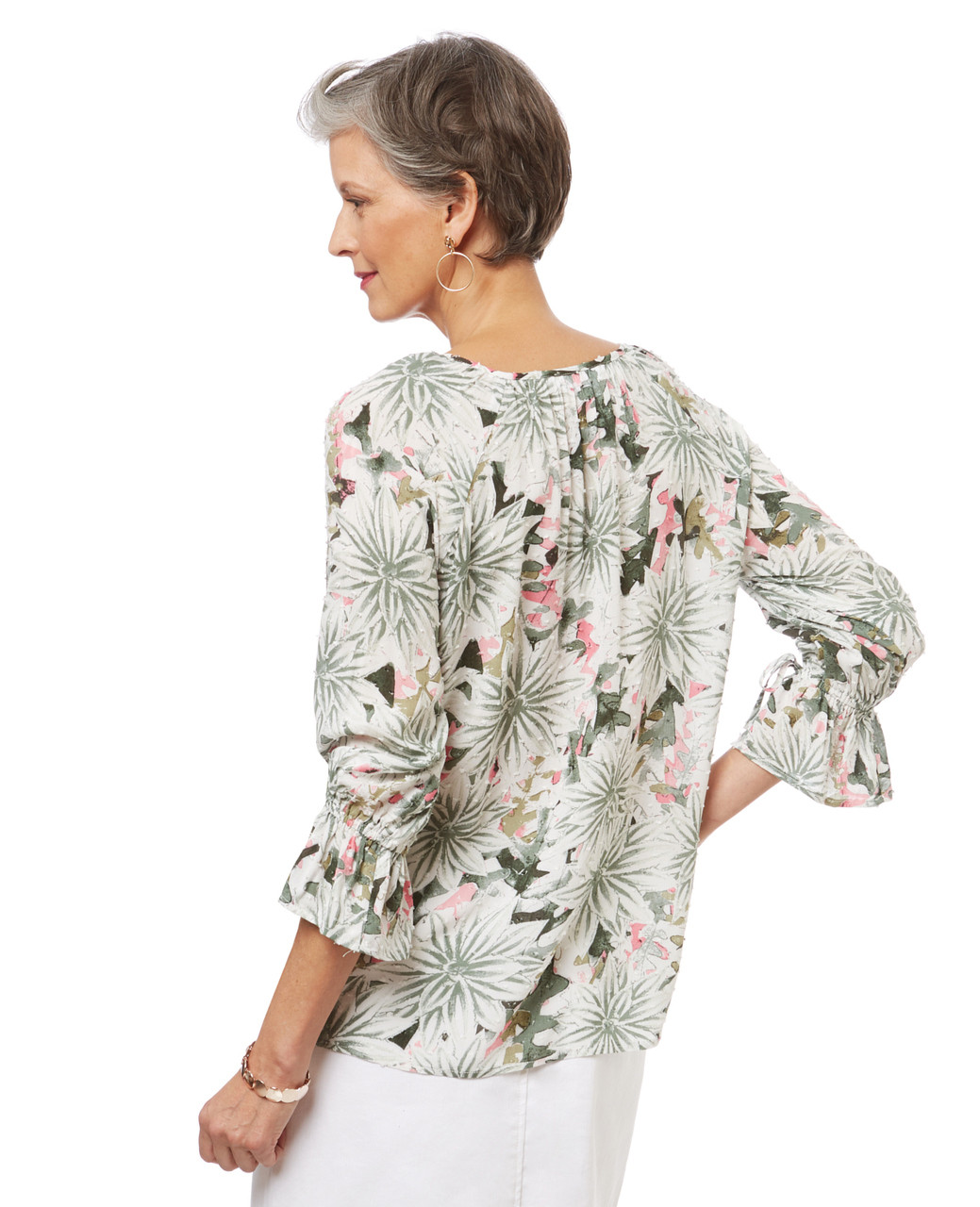 Women's sage green printed peasant top with bell sleeves