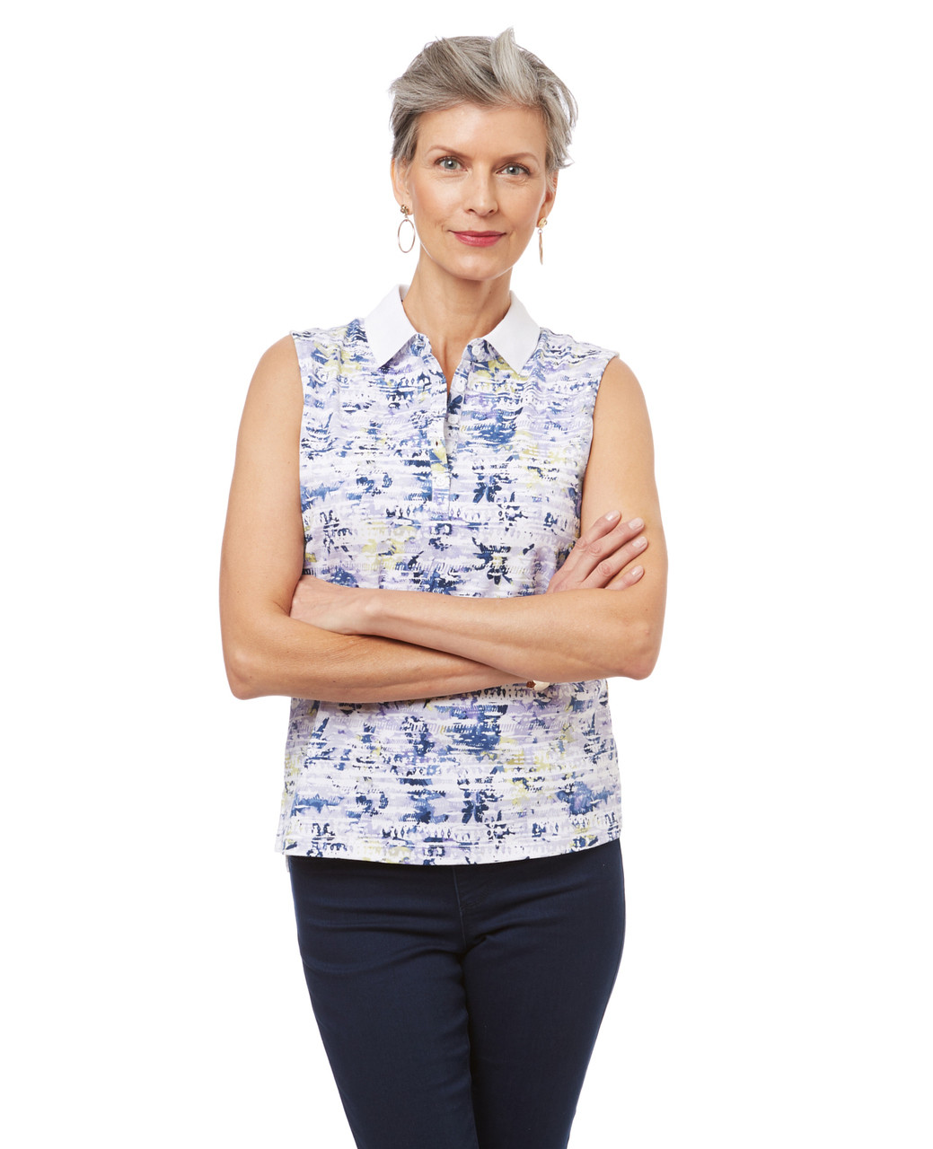 Women's sleeveless polo shirt in a summer print