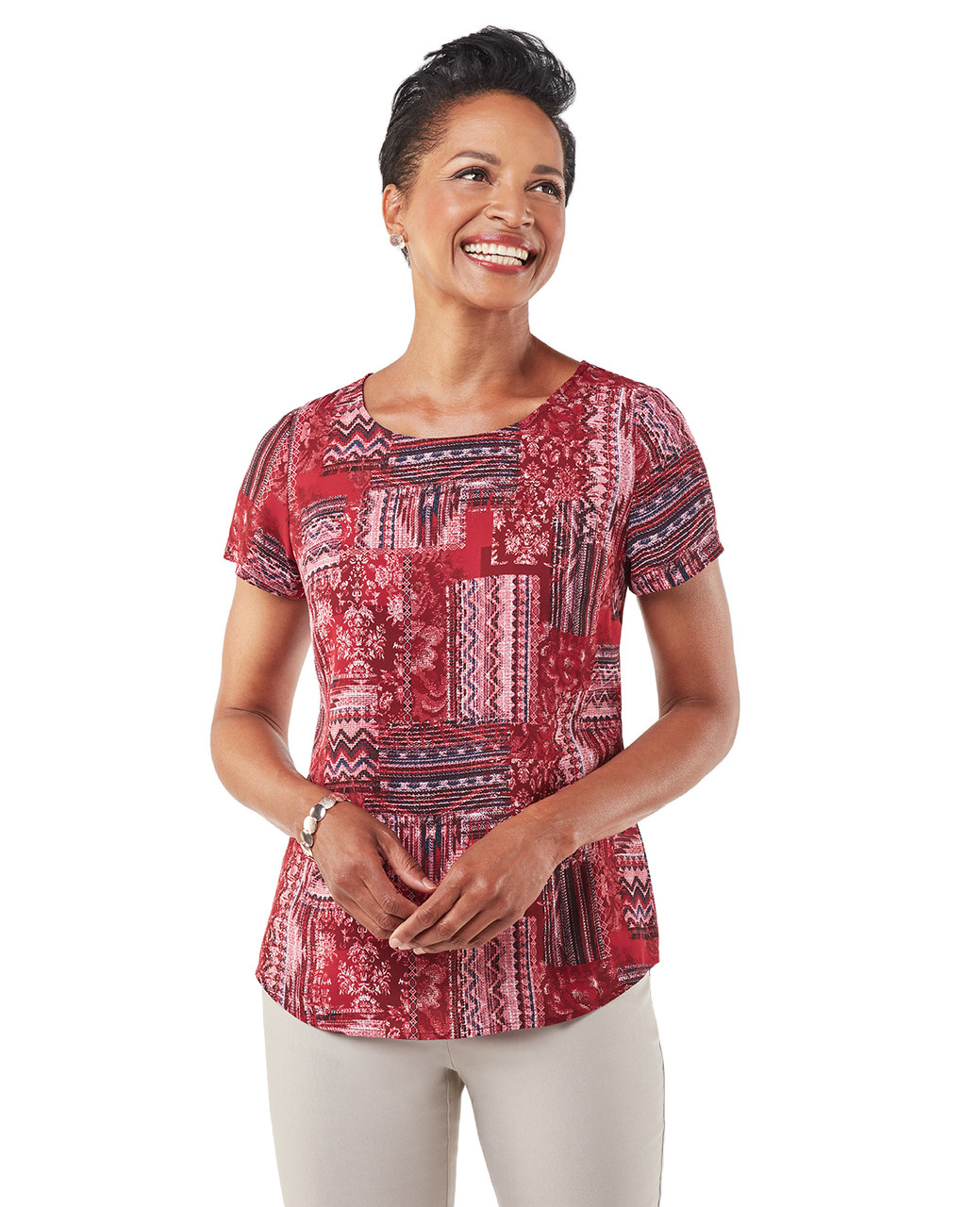 Women's red top with patchwork design