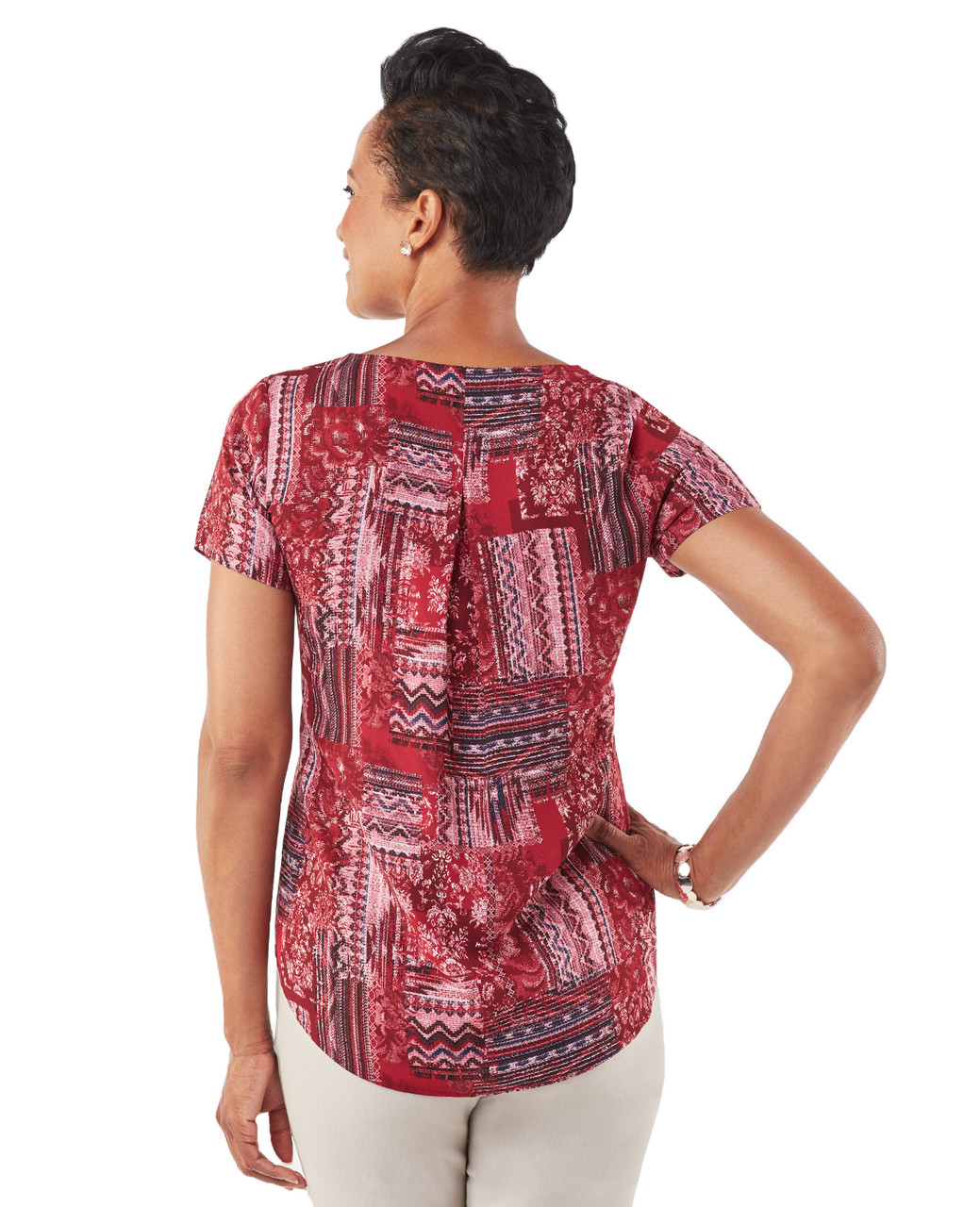 Women's red top with patchwork design