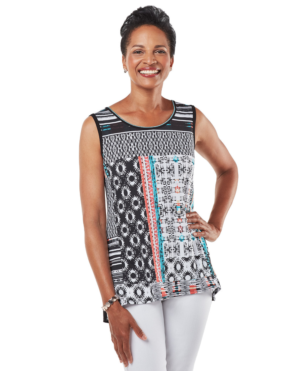 Women's patchwork print black sleeveless blouse