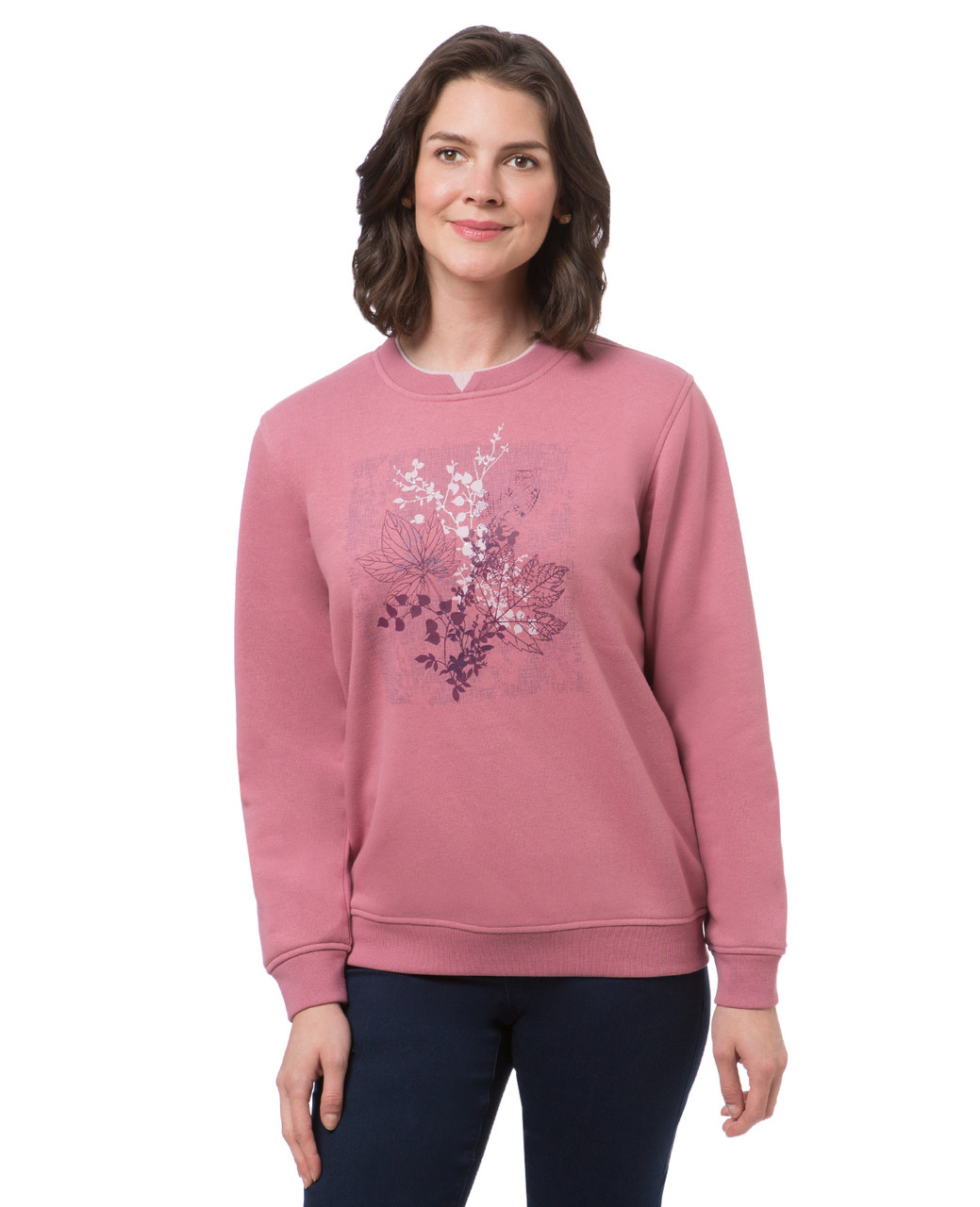 Women's pink berry northern reflections sweatshirt with stamped leaf print