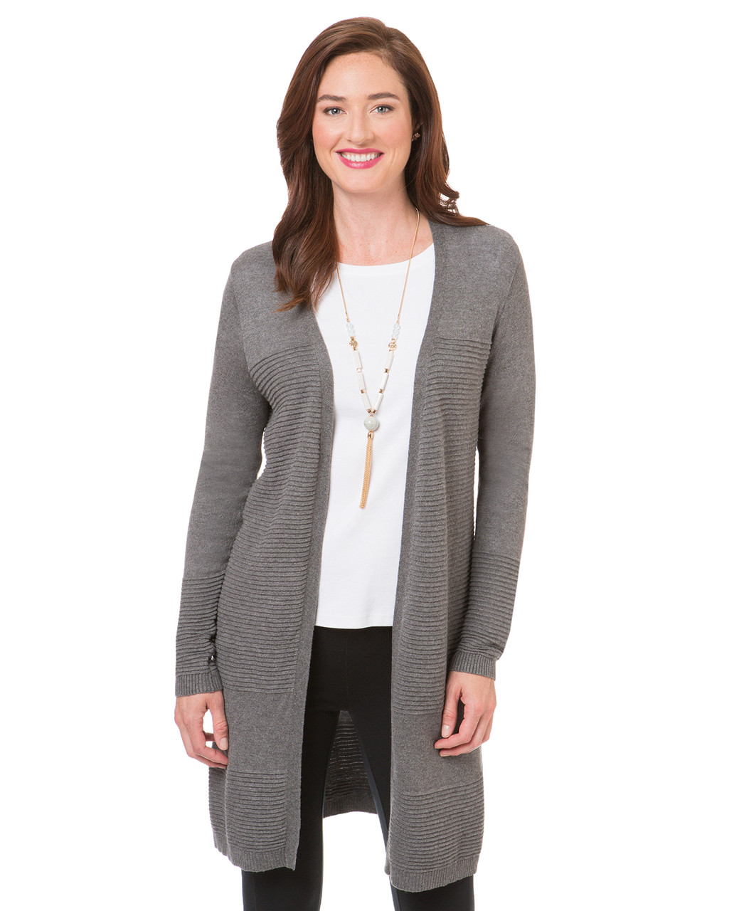 Women's heather grey long cardigan duster ribbed sweater