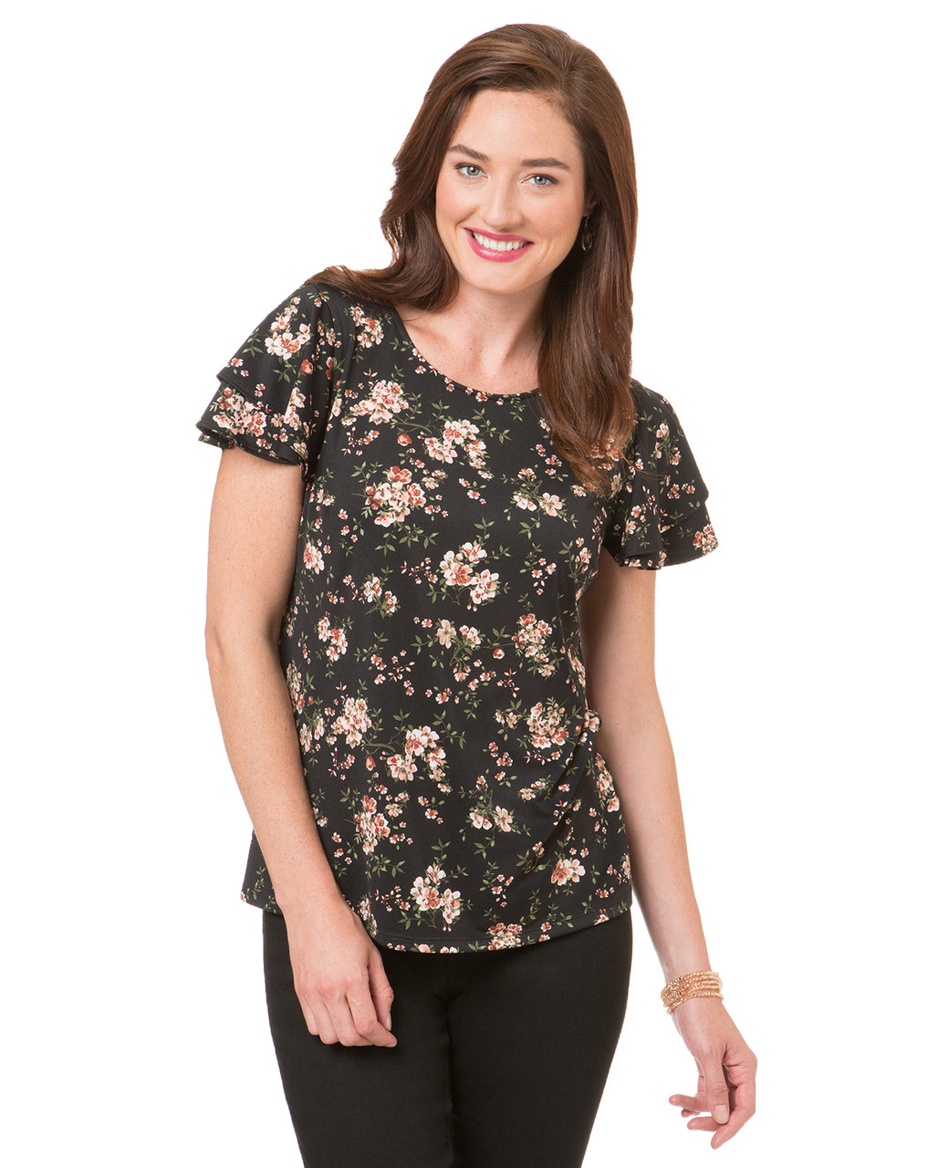 Women's floral print top with double layer flutter sleeve