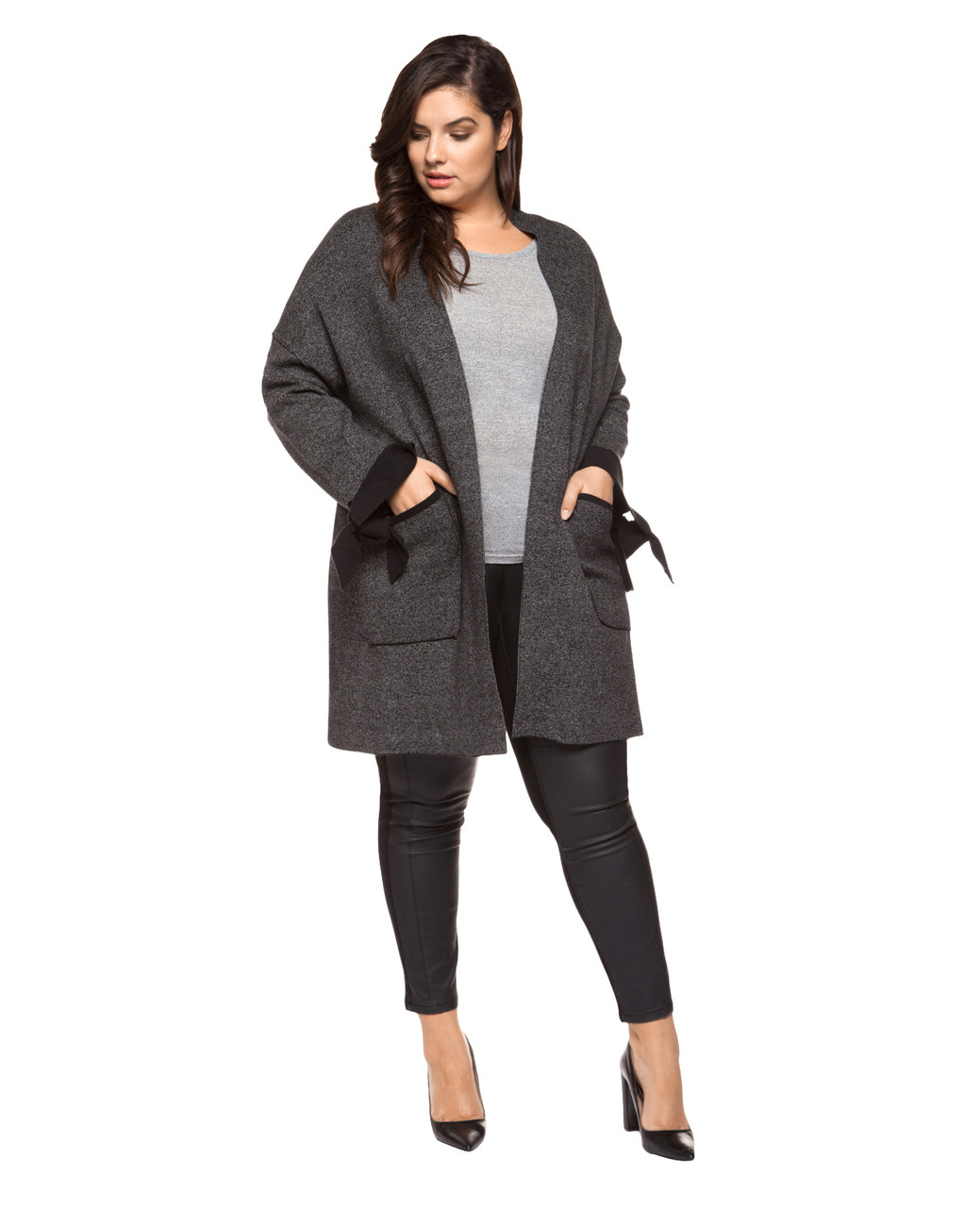 Women's black plus size long cardigan with contrast cuff