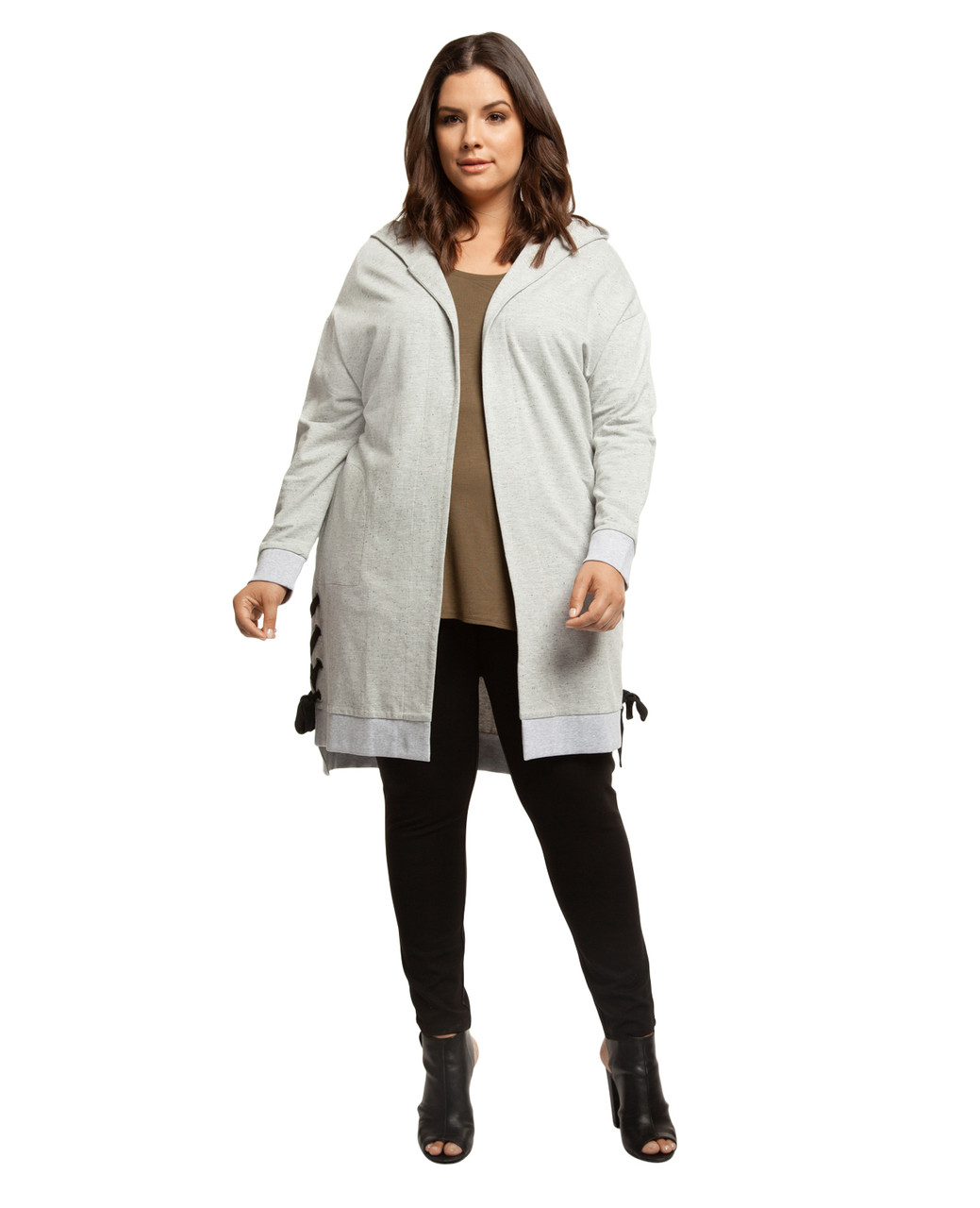Women's light grey plus size long cardigan with hood