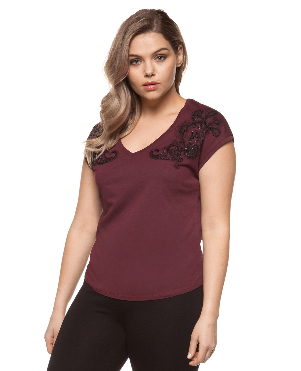 Women's red garnet plus size embroidered tee with gems detail
