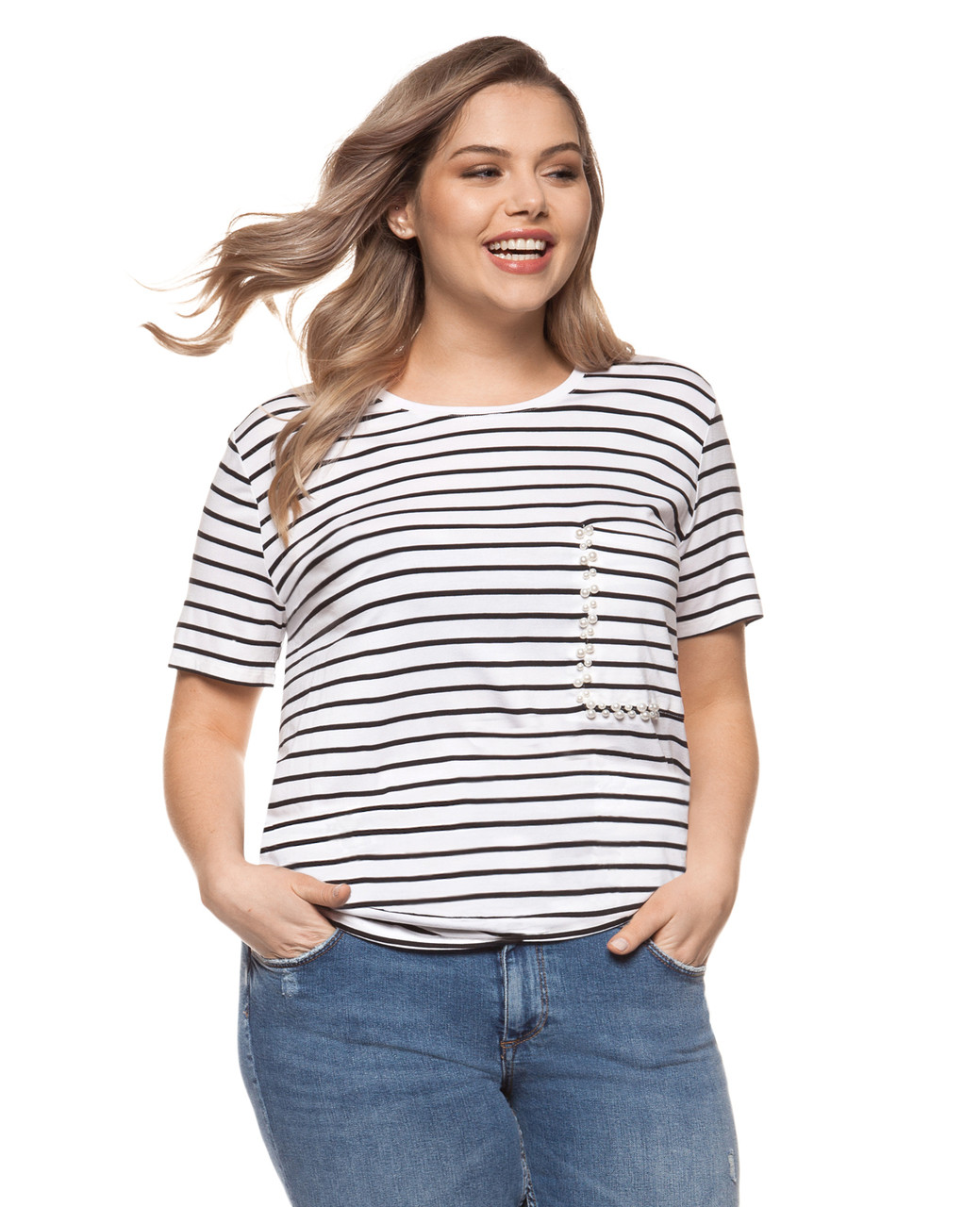 Women's black plus size striped tee with pearl detail