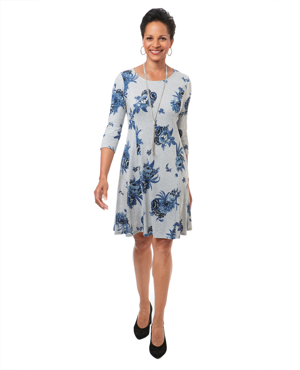Women's light grey floral print knit sweater dress