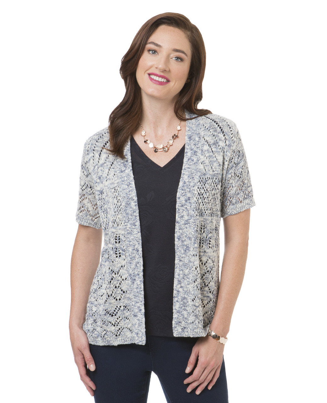 Women's opal blue pointelle open front cardigan