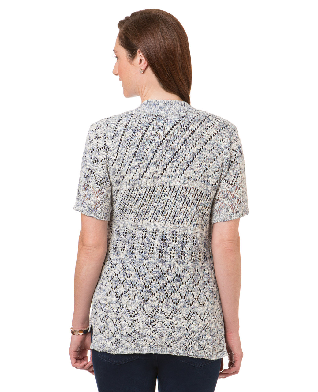 Women's opal blue pointelle open front cardigan