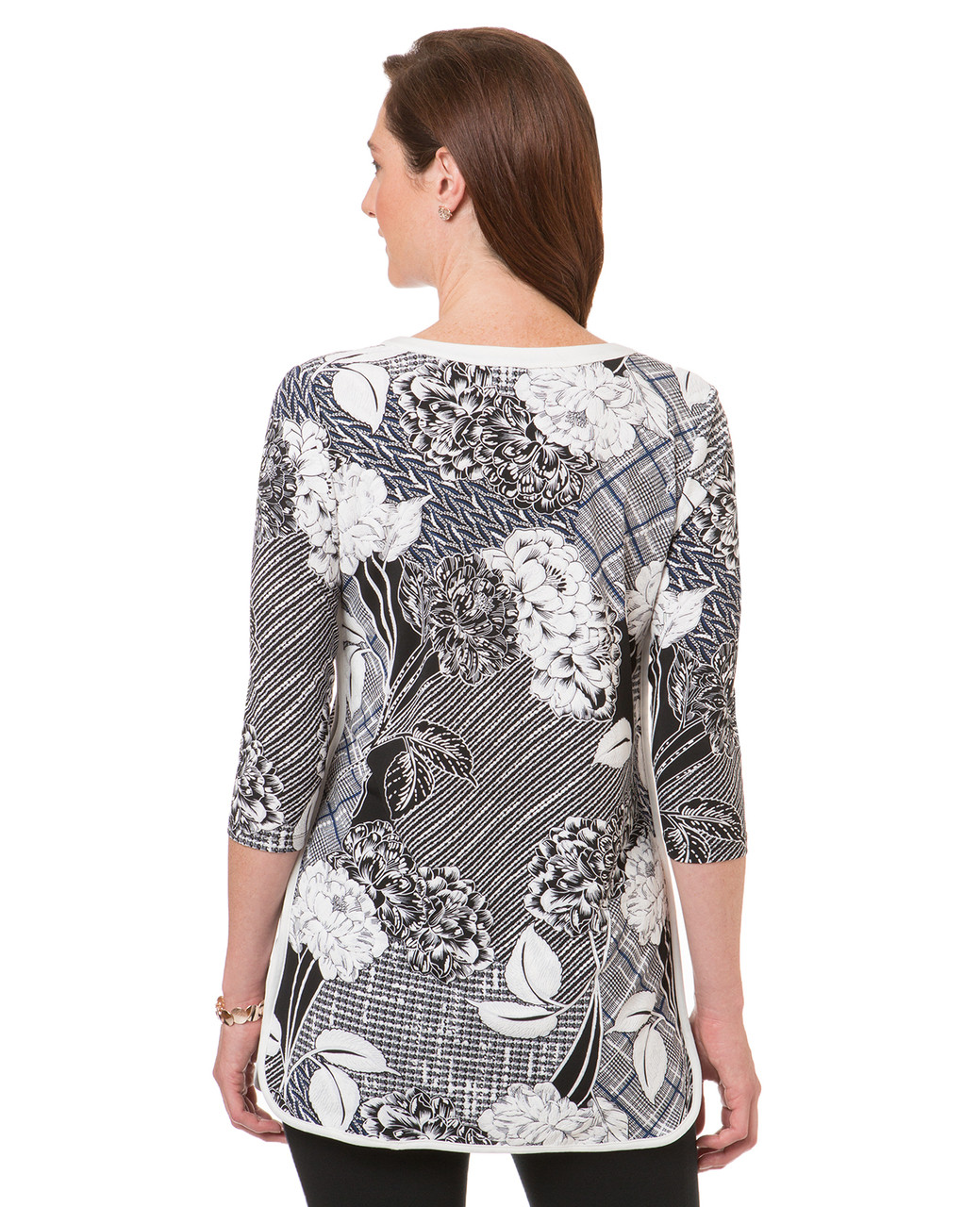 Women's black peony printed knit blouse