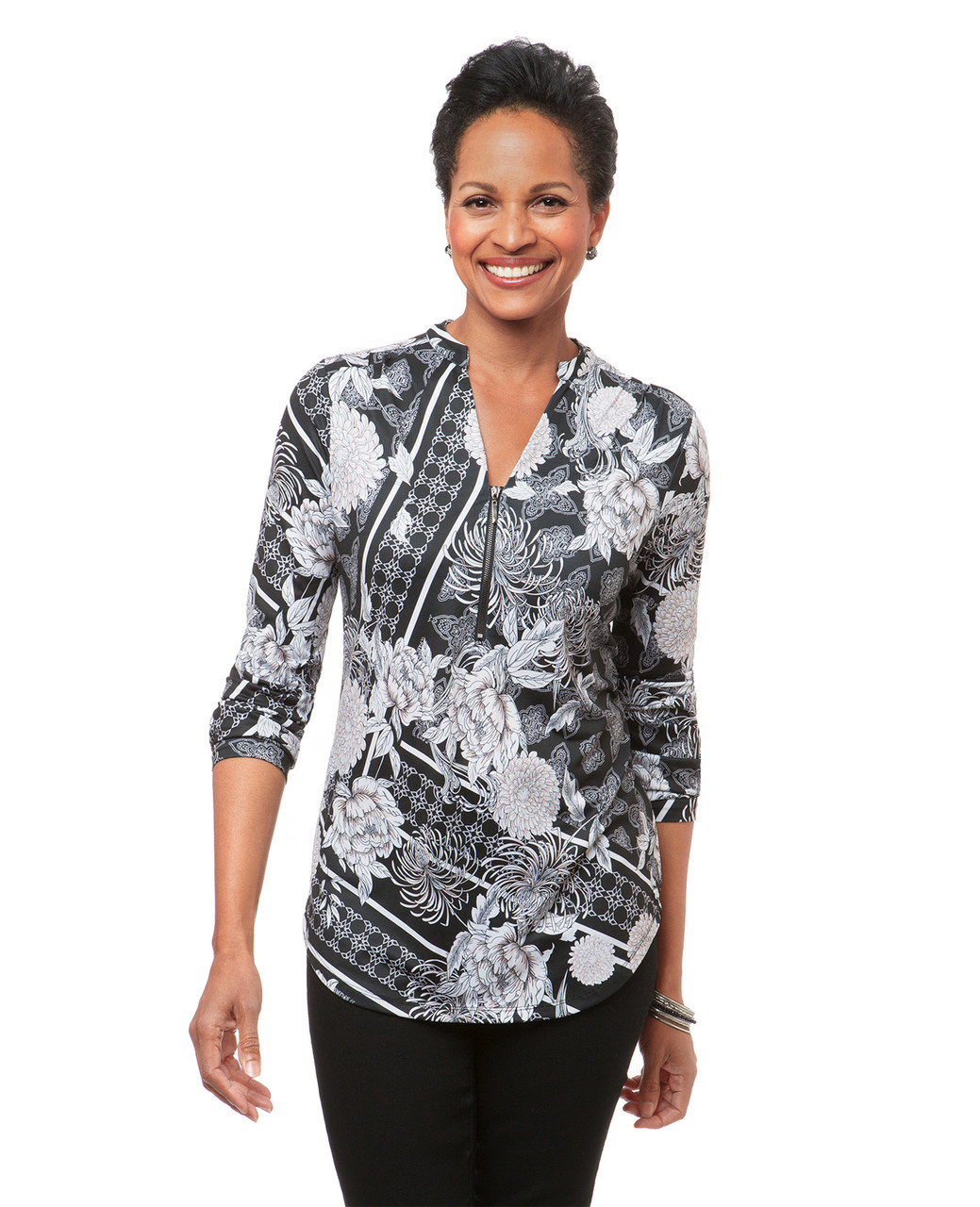Women's black peony printed knit blouse