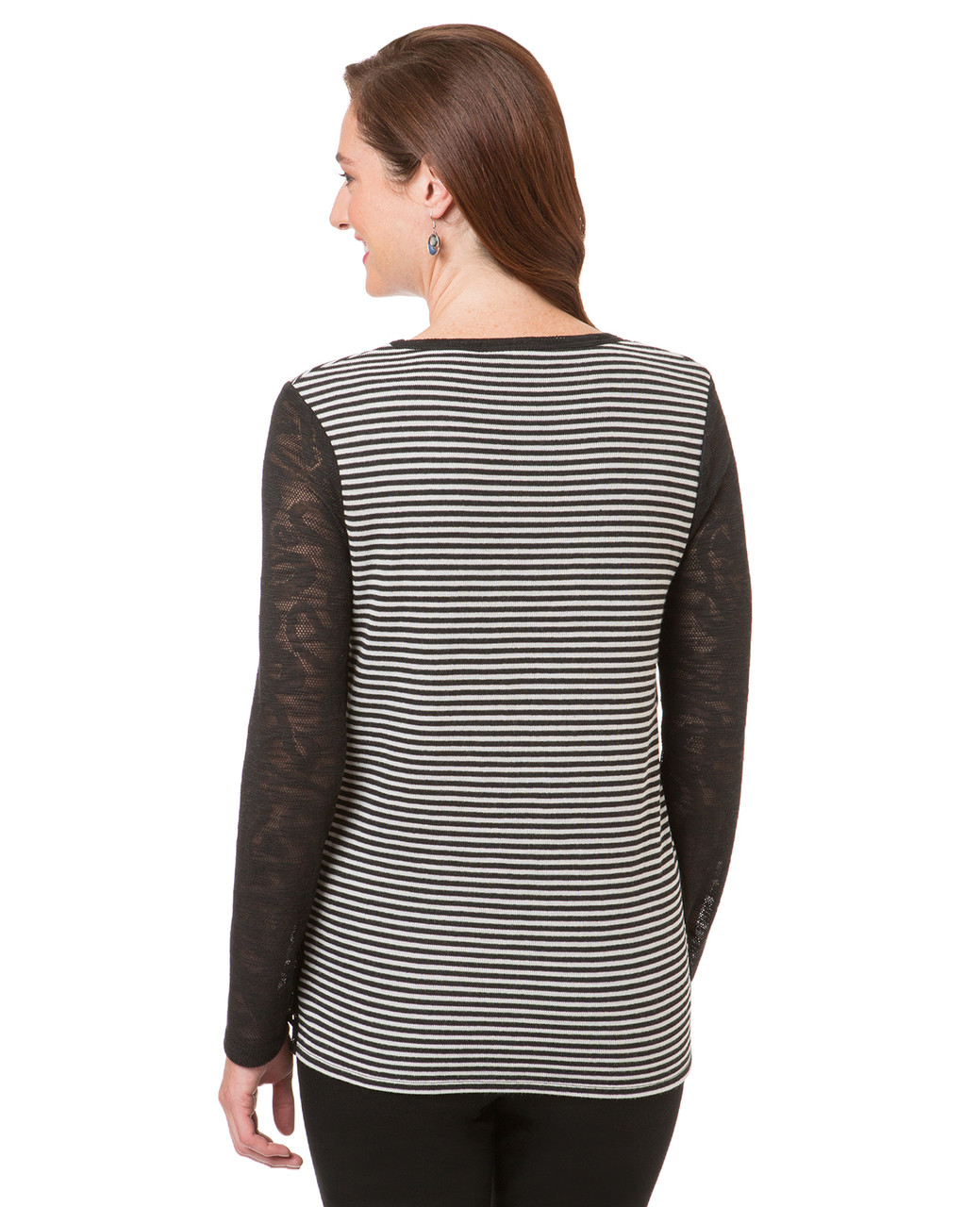 Women's striped knit top with mesh sleeves