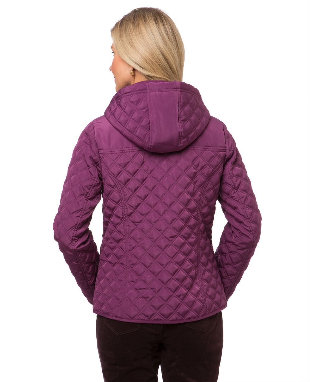 Women's purple quilted jacket with hood