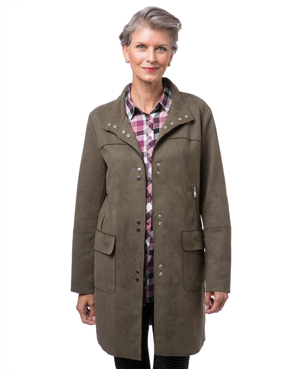 Women's green longline faux suede coat
