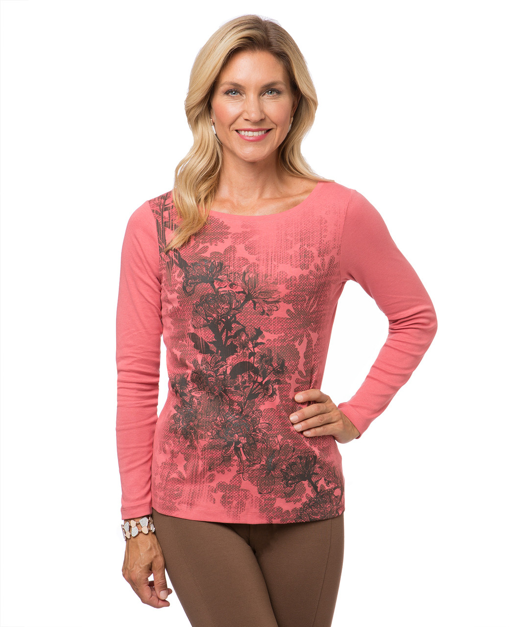 Women's pink long sleeve floral print t-shirt