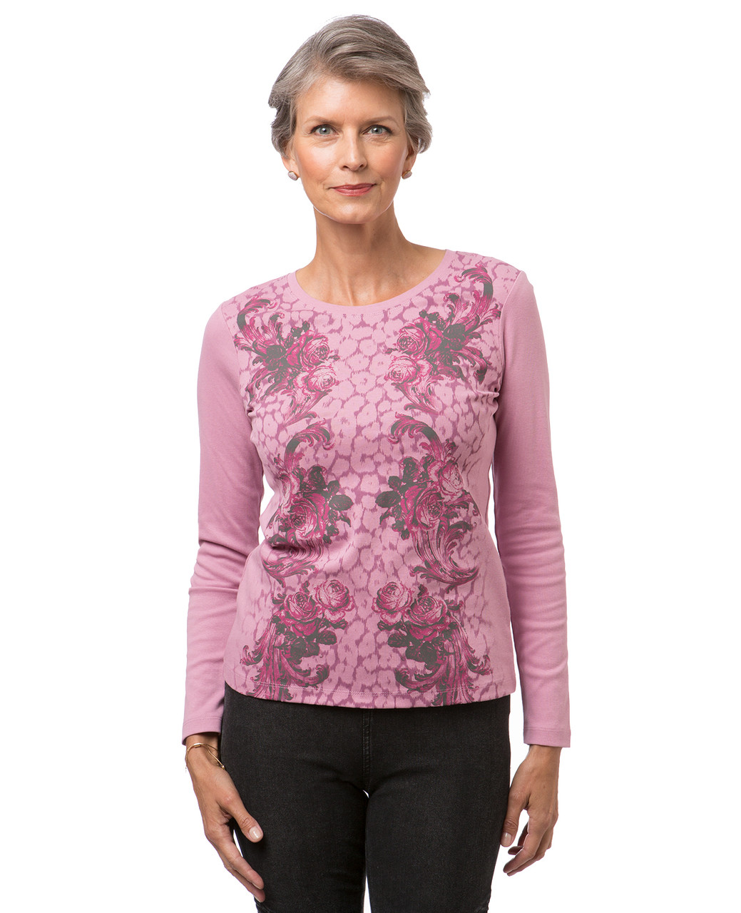 Women's pink long sleeve crew neck print t-shirt