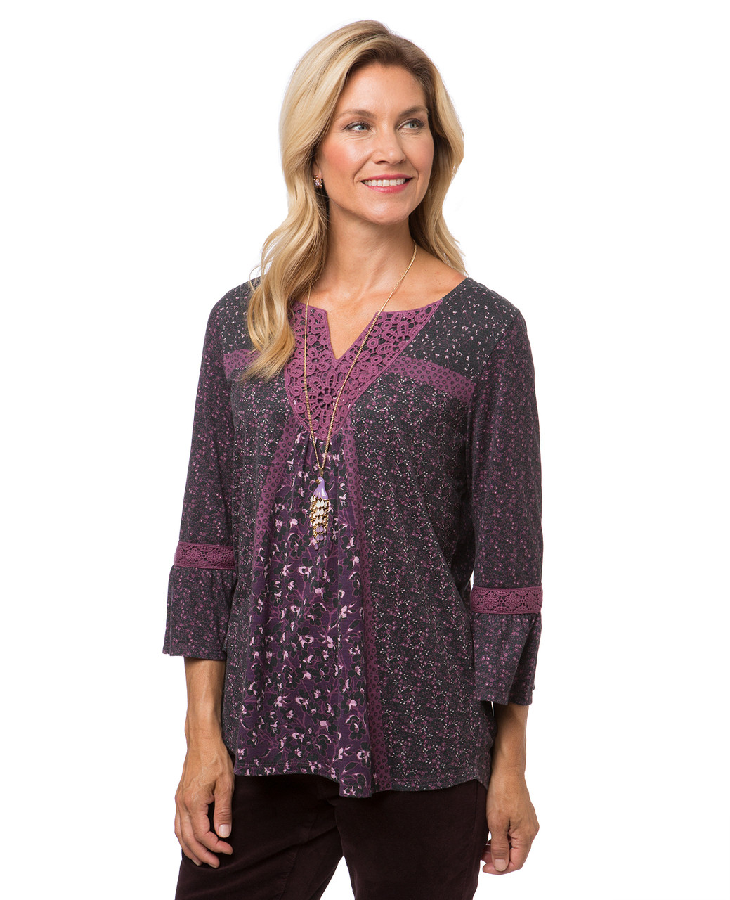 Women's purple three quarter bell sleeve top