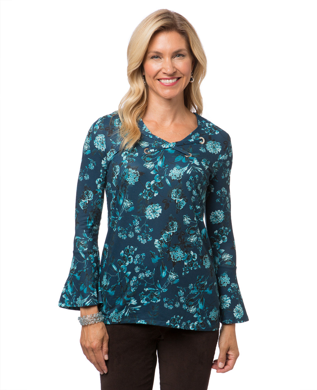 Women's flared sleeve blue floral knit top with lace neck