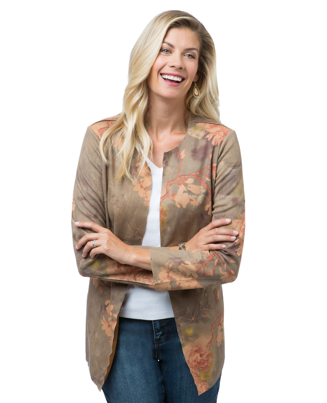 Women's orange floral print faux suede jacket
