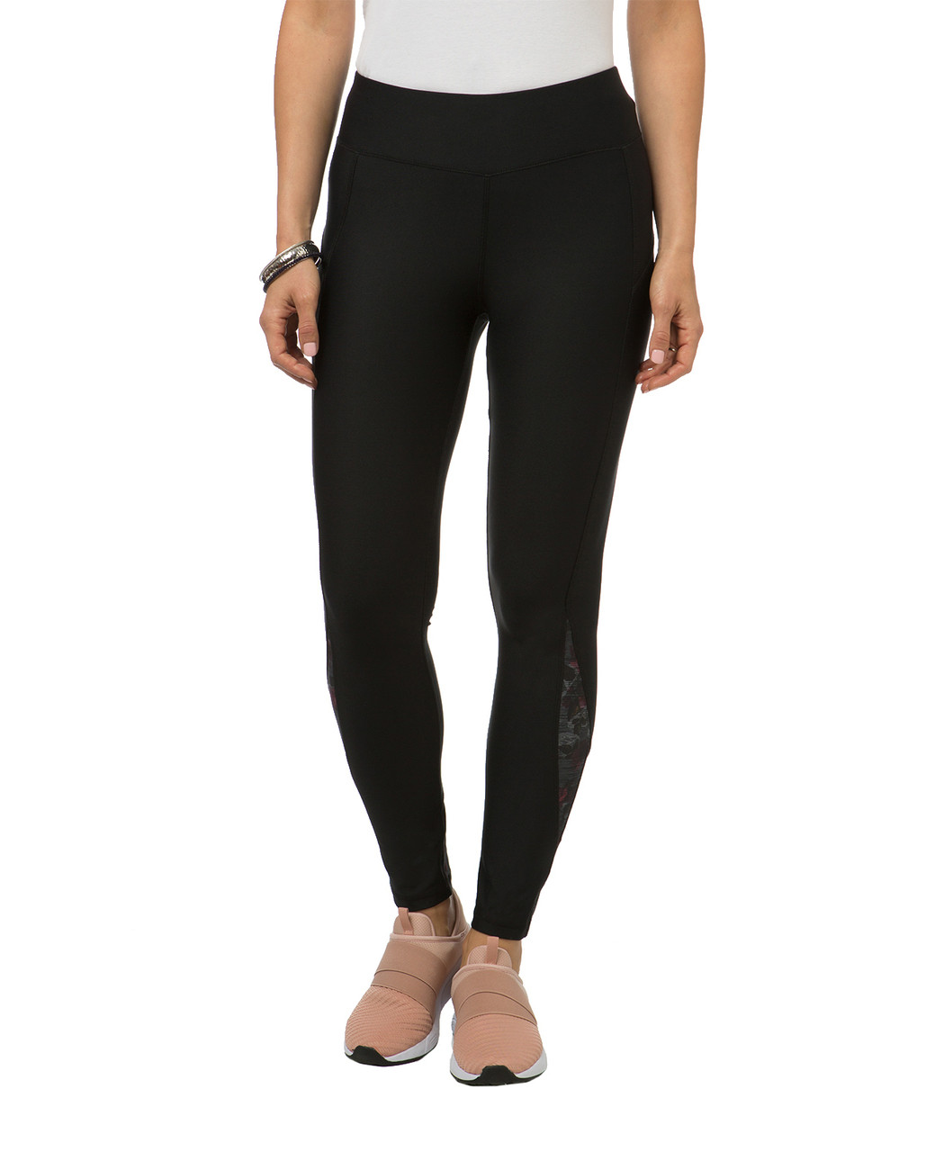 Women's black workout leggings with printed panel