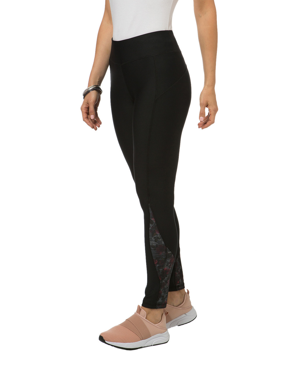 Women's black workout leggings with printed panel