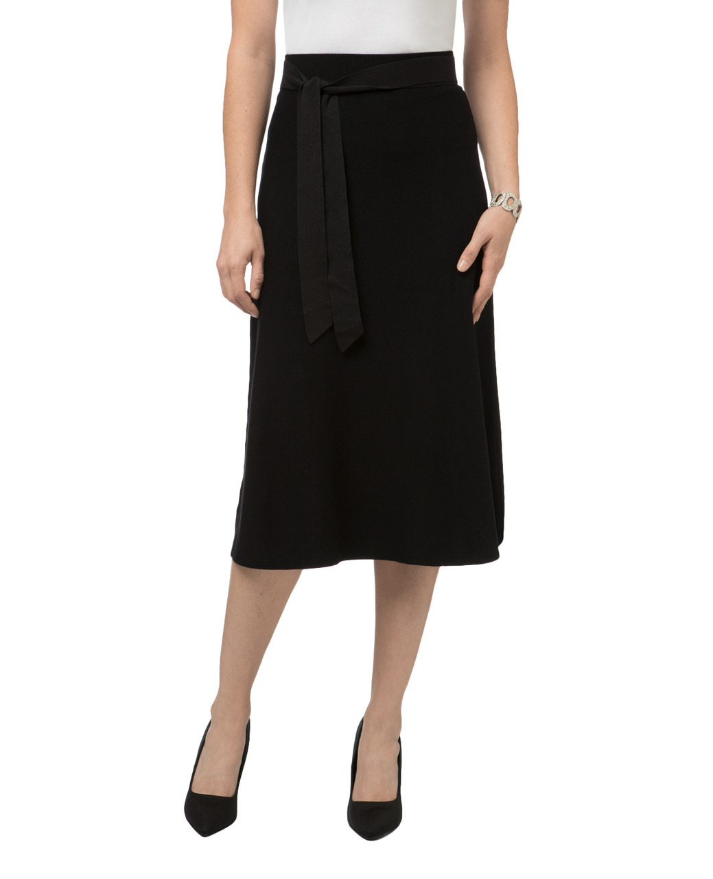 Women's classic self-tie knit black knee length skirt.