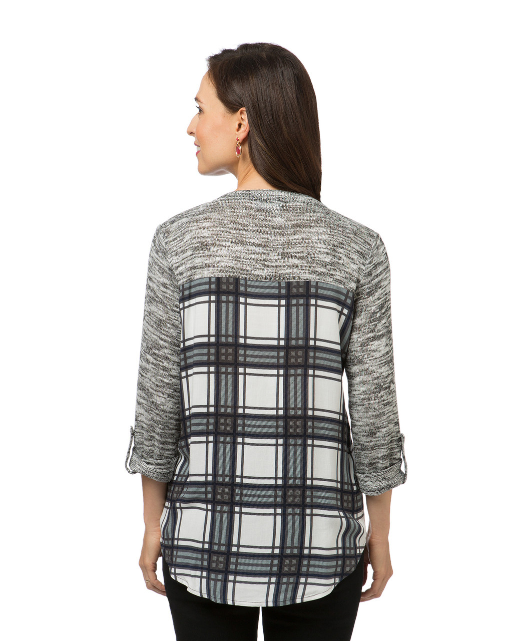 Women's knit plaid top with lace detailing