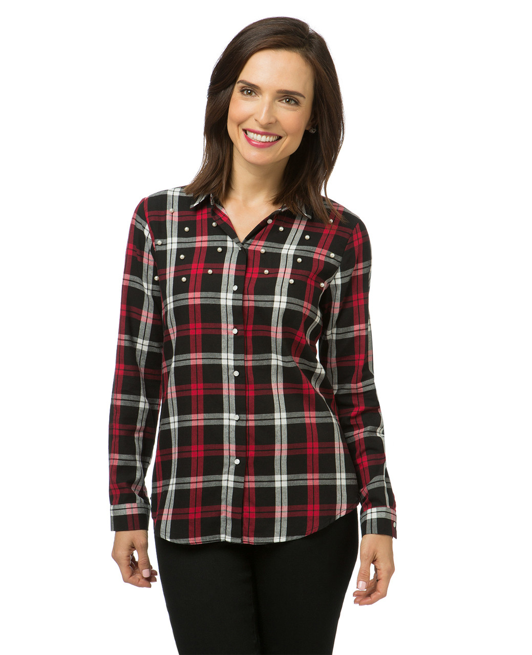 Women's red and black plaid shirt with pearl detailing