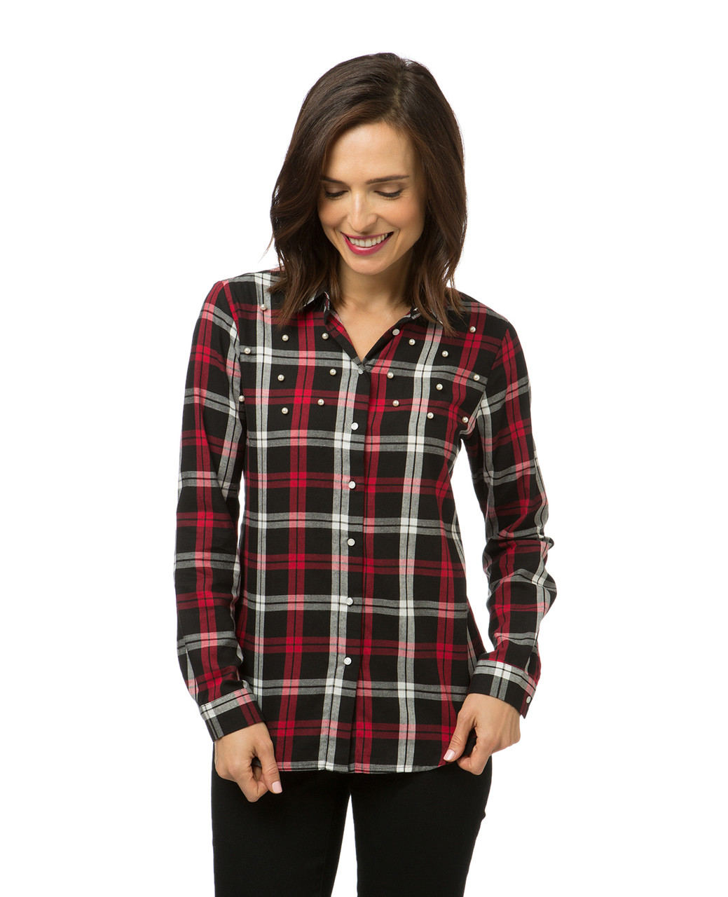 Women's red and black plaid shirt with pearl detailing
