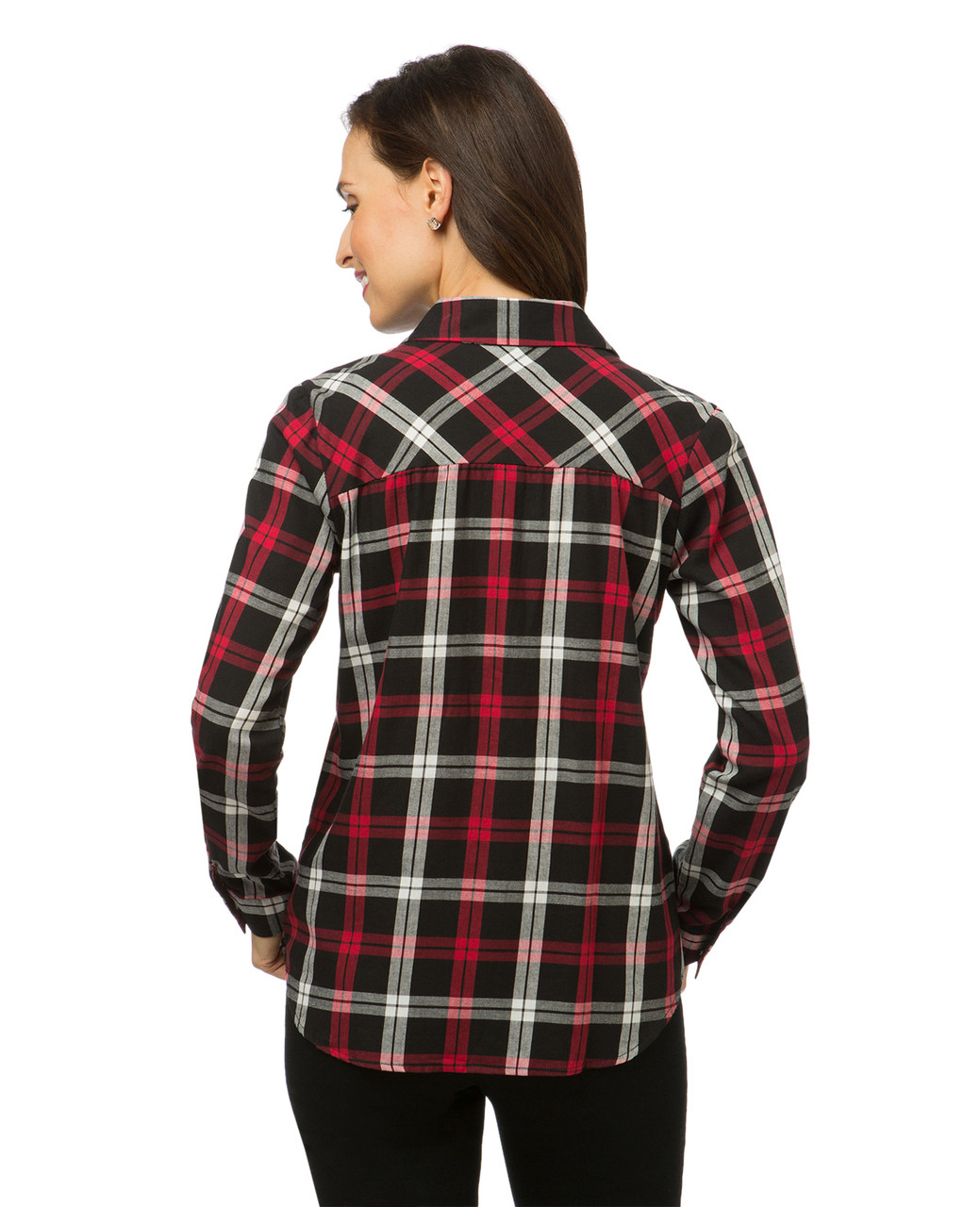 Women's red and black plaid shirt with pearl detailing