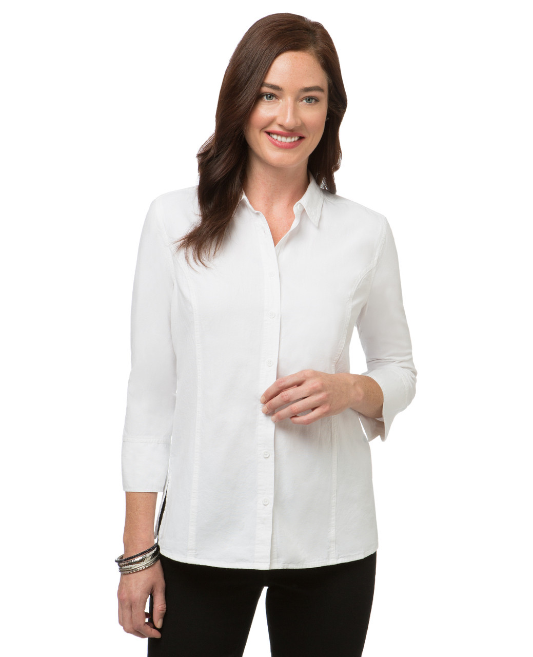 Women's three quarter sleeve button down shirt with collar