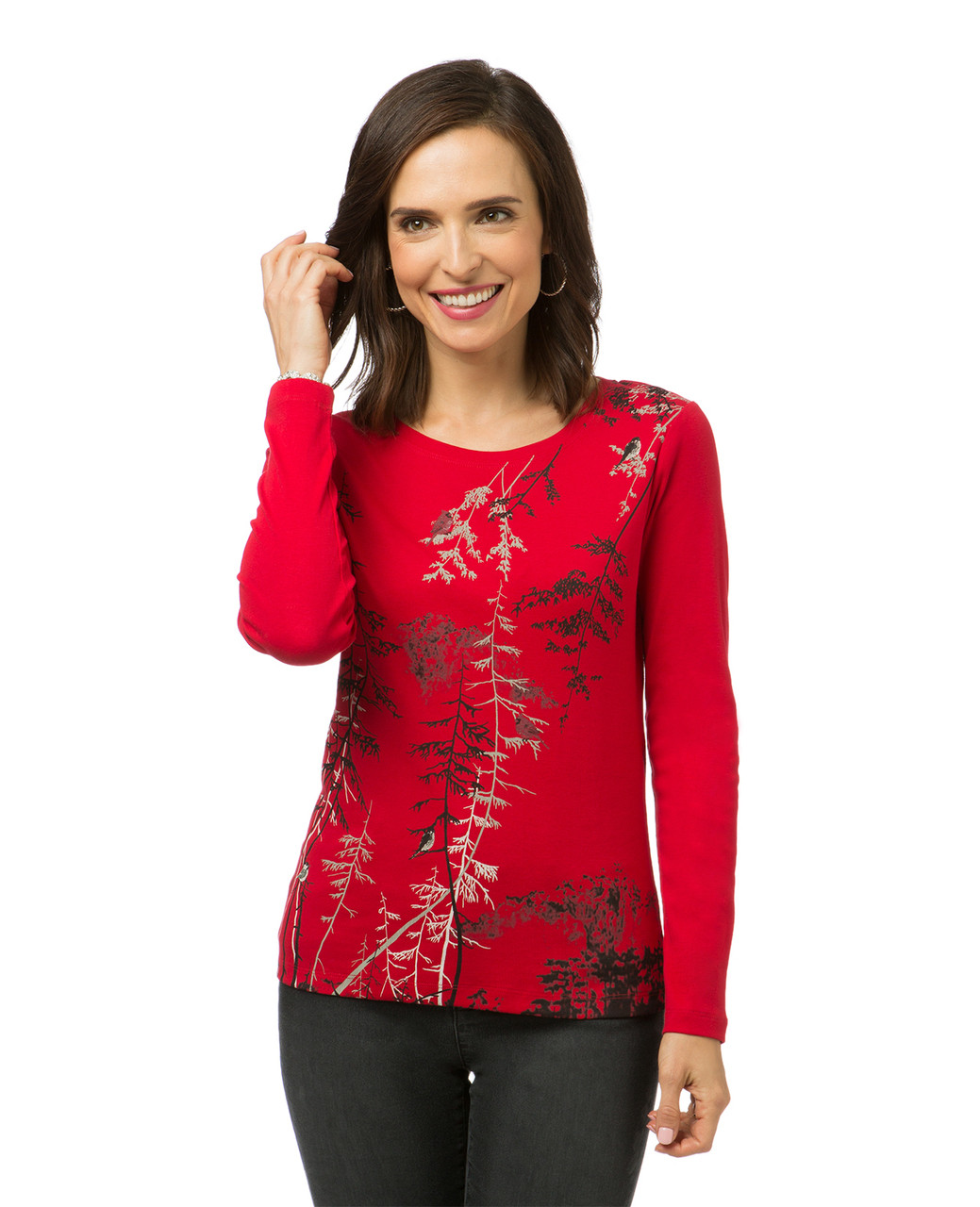 Women's red long sleeve print sleeve top