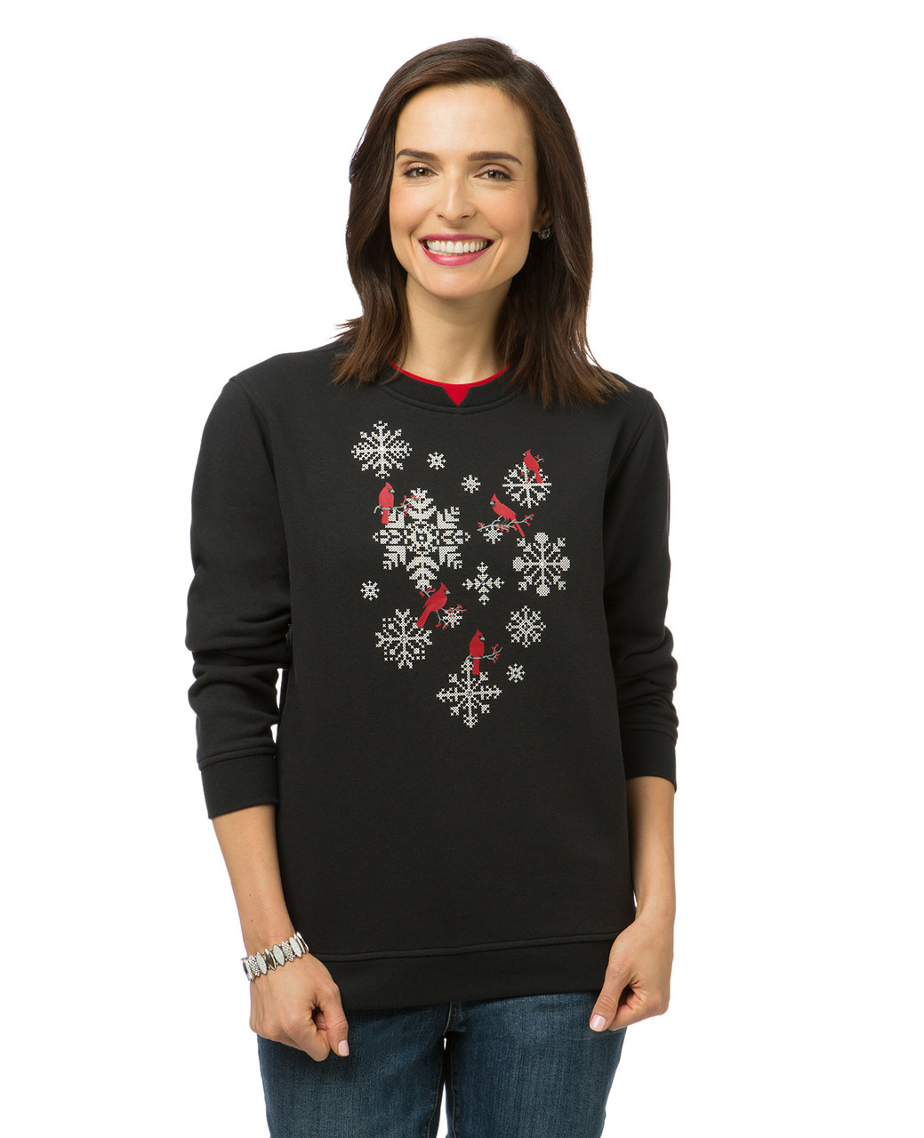 Women's black snowflake print sweatshirt