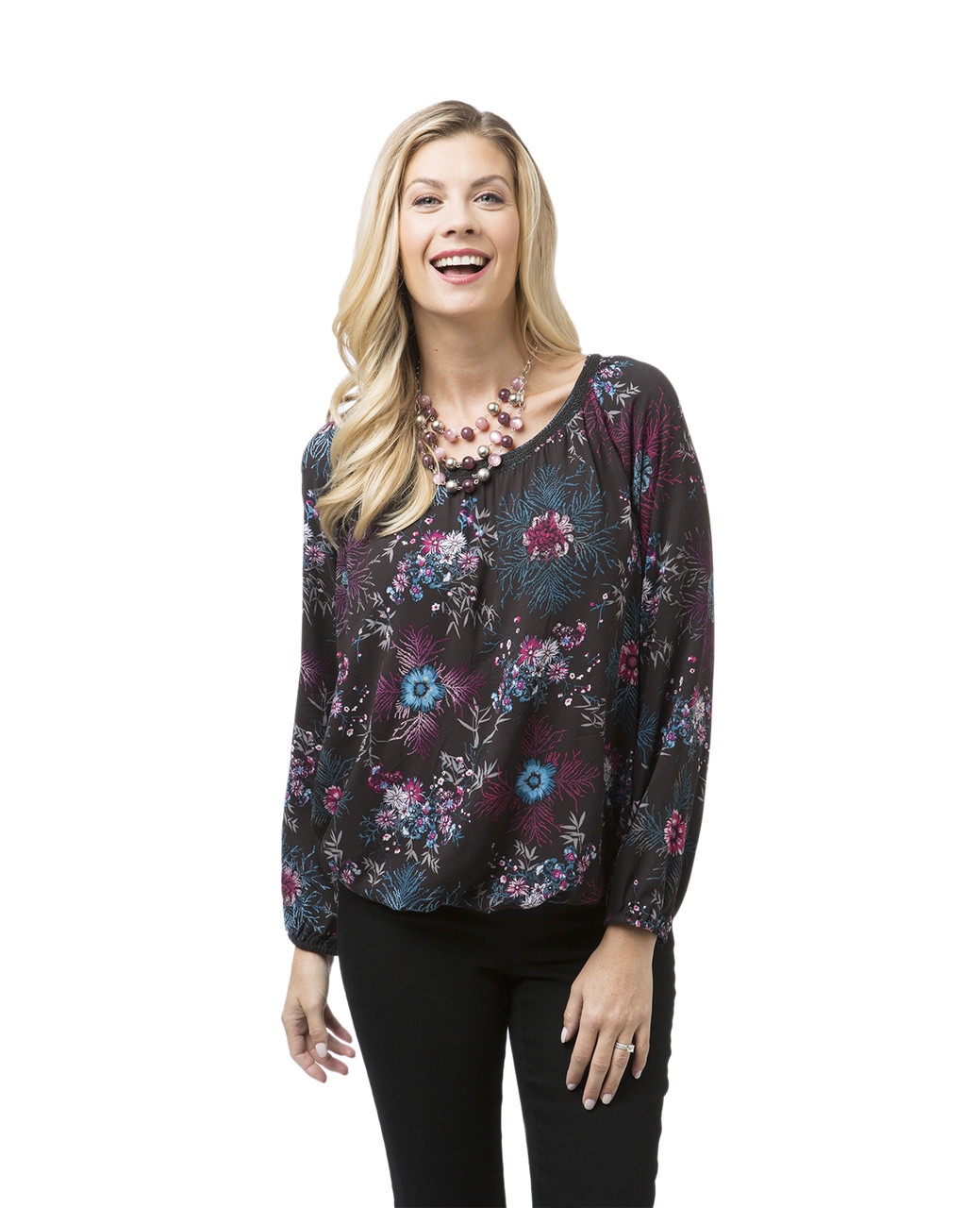 Women's petite black pullover floral top