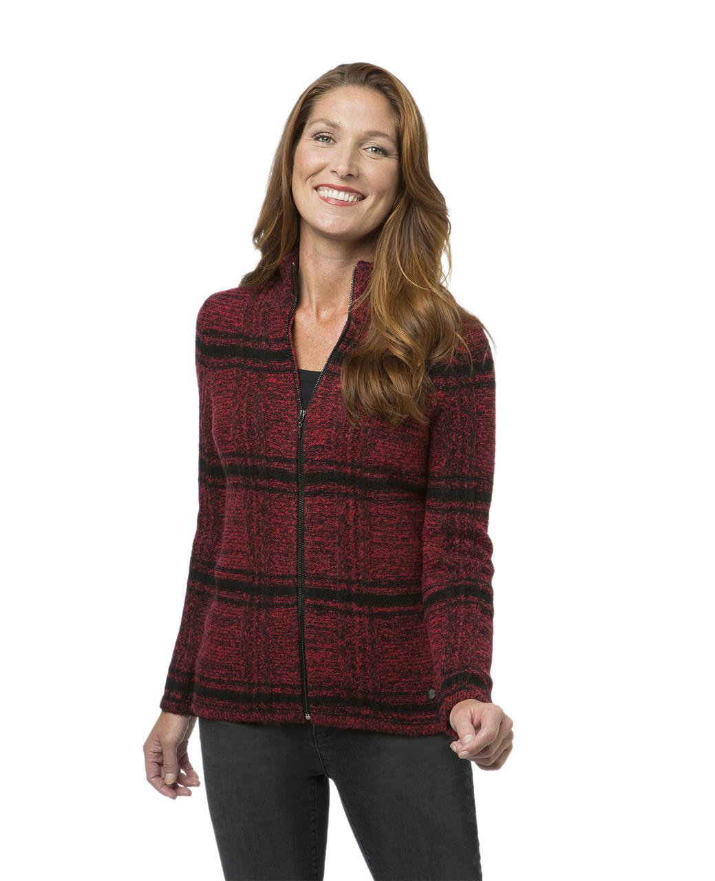 Women's red and black plaid zipper cardigan