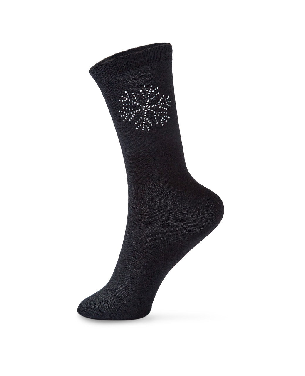 Women's black crew socks with snowflake design