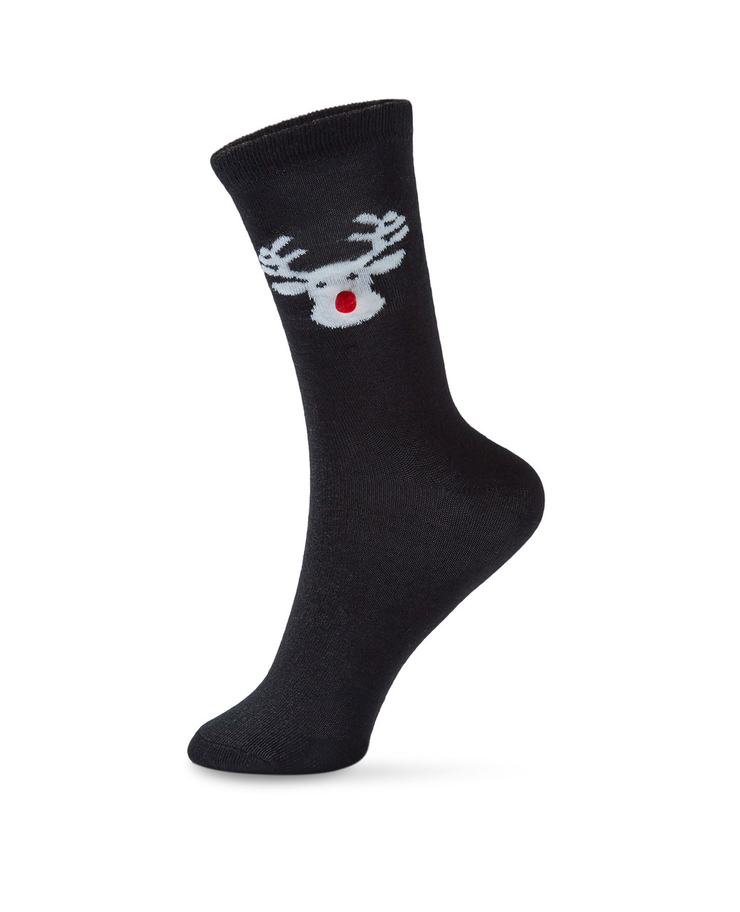 Women's black crew socks with reindeer design
